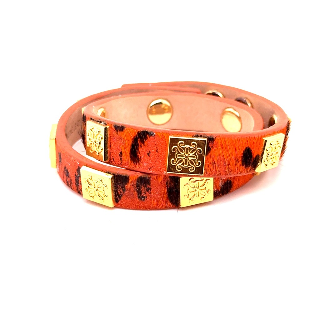 Rustic Cuff Orange Leopard Calf Hair Wrap Bracelet Gold Tone Logo Hardware